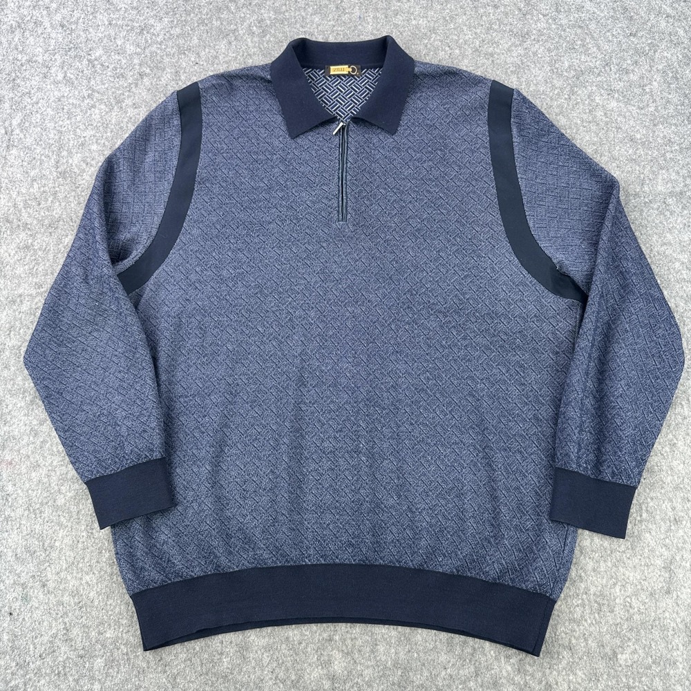 Zilli Sweater Mens 58 Blue Geometric Wool Silk 1/2 Zip Collared Knit Made Italy